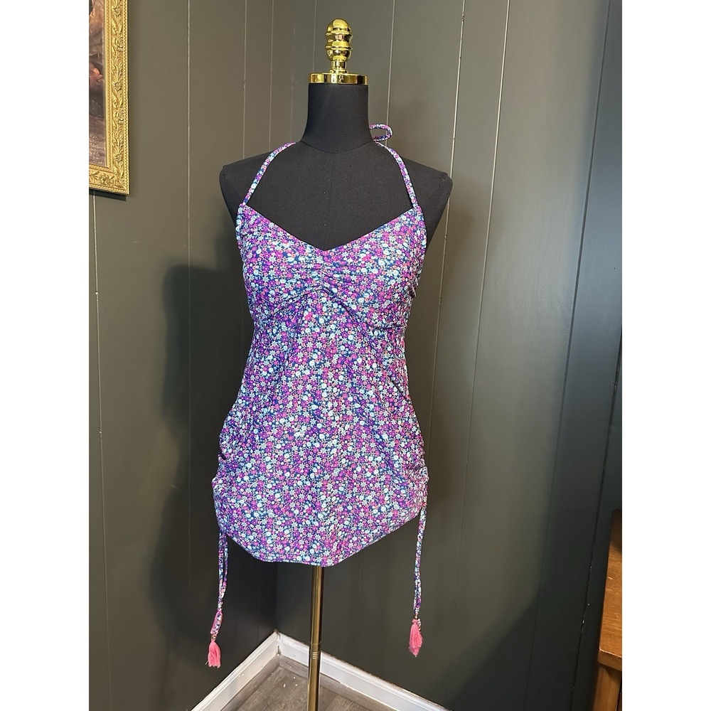 Liz Lange Maternity‎ Blue Pink Floral Tankini Padded Top S Small